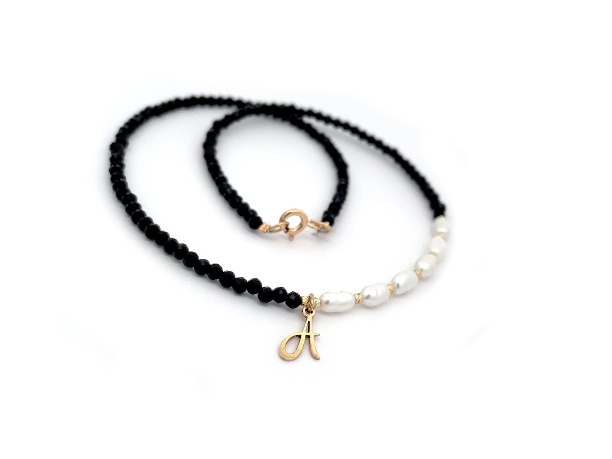 Colier initiala A si perle din aur 14 K