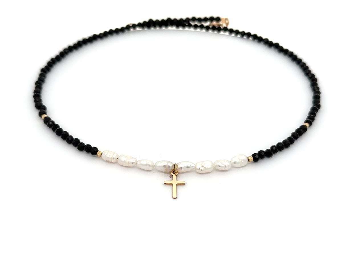 Colier cu cruce din aur 14 k si perle