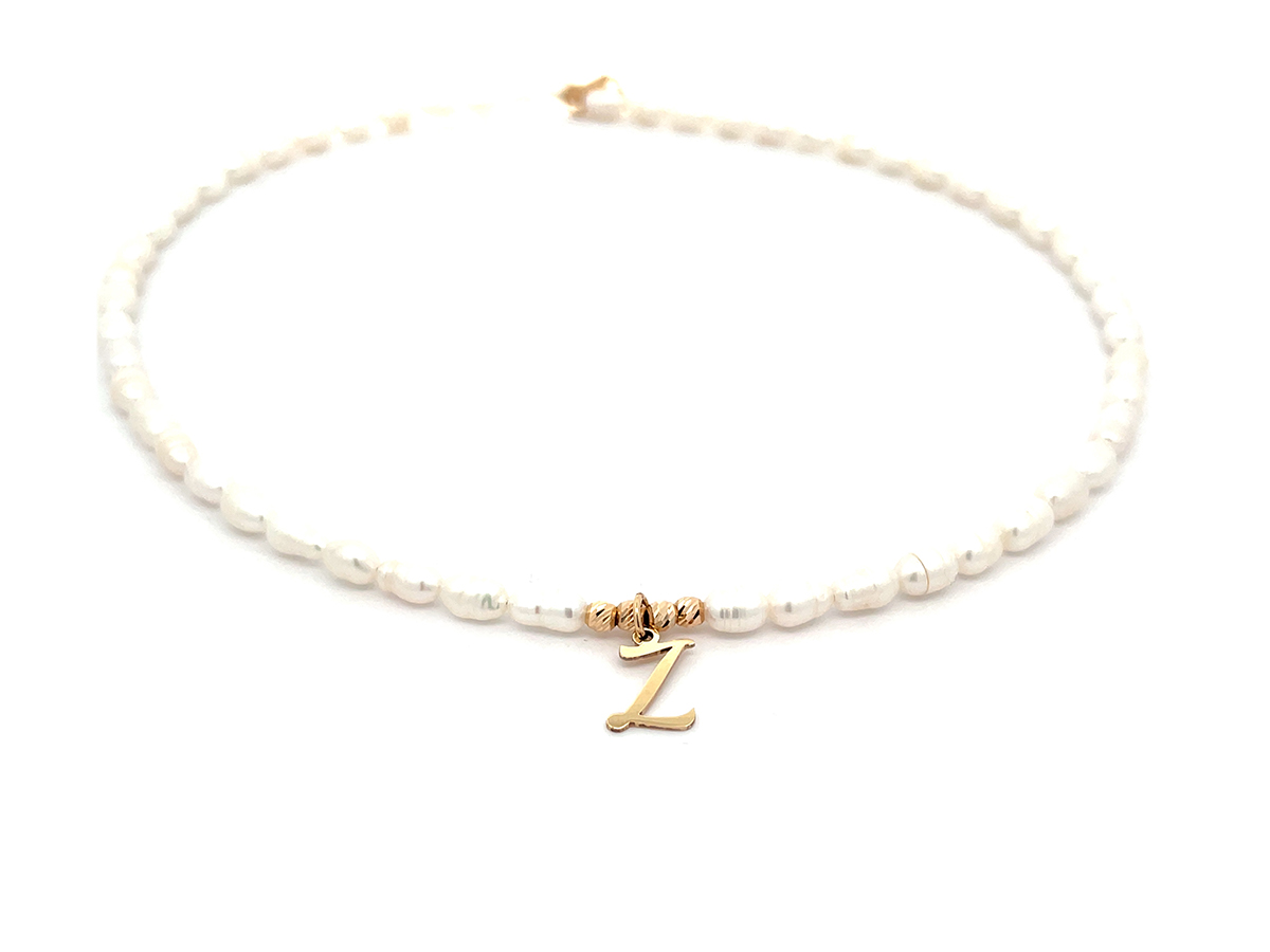 Colier cu initiala "Z" din aur 14 K si perle de cultura