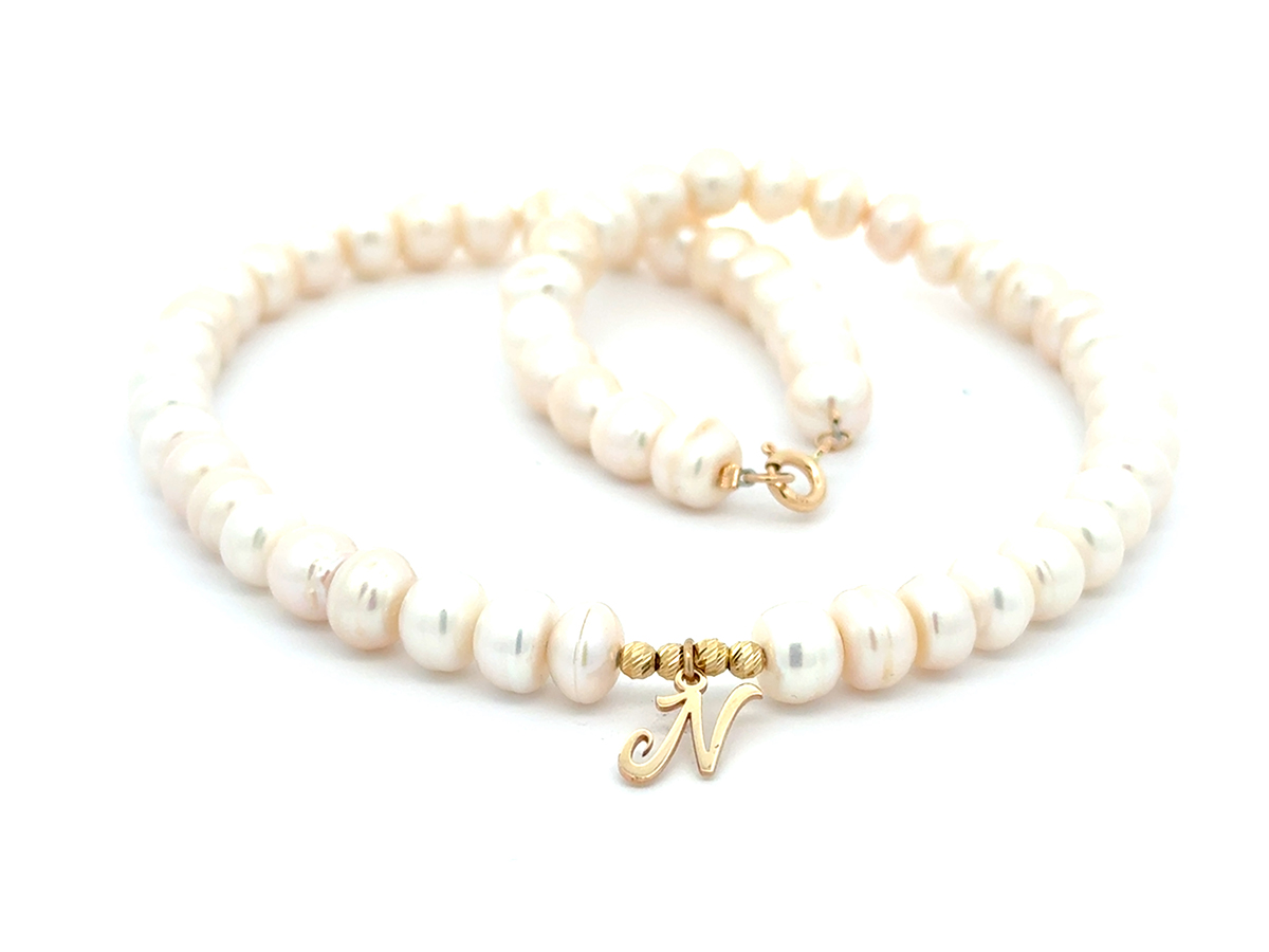 Colier perle si initiala "N" din aur 14 K