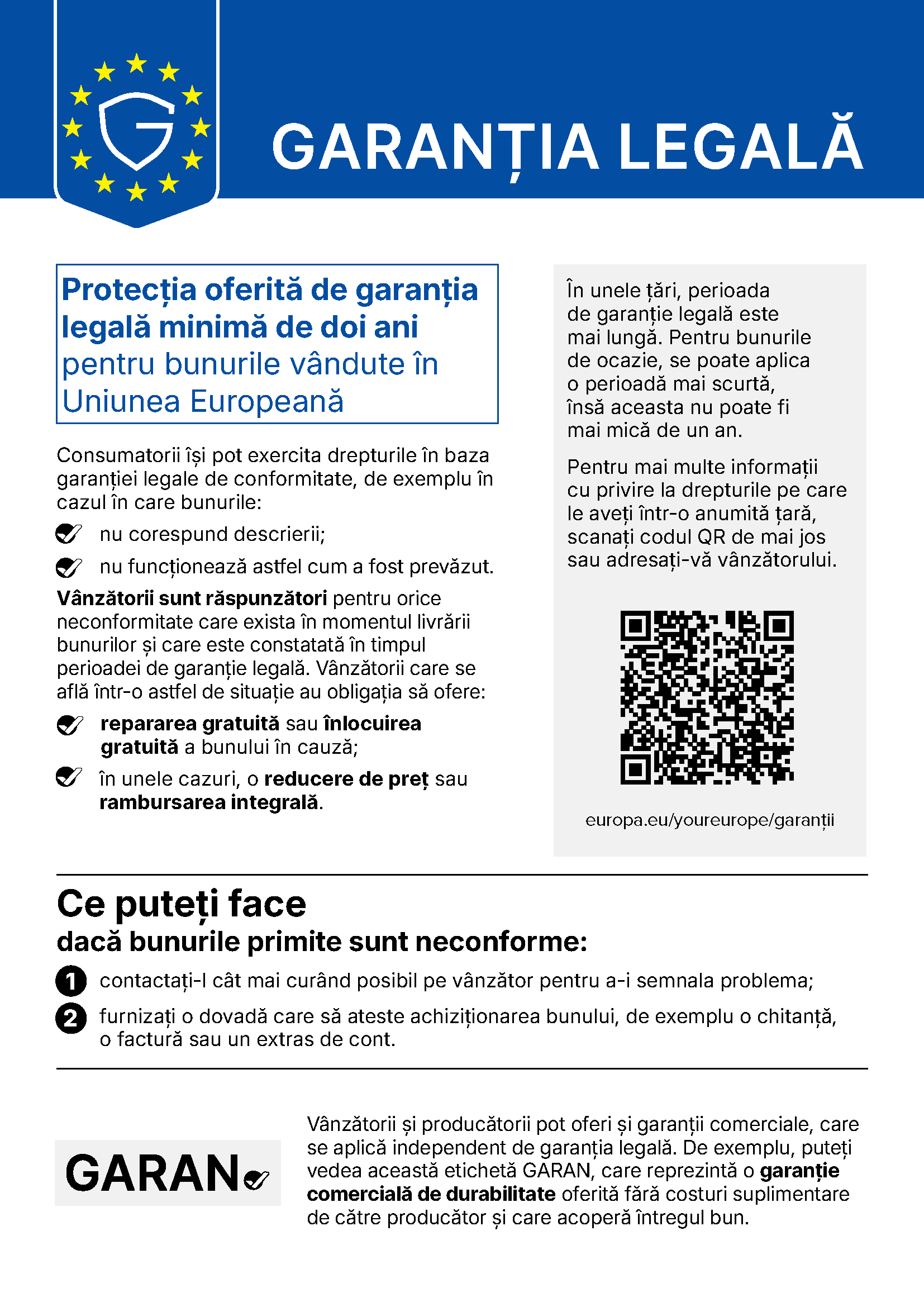 Notificare armonizată UE privind garanția legală de conformitate: protecție de minimum doi ani pentru bunurile vândute în Uniunea Europeană